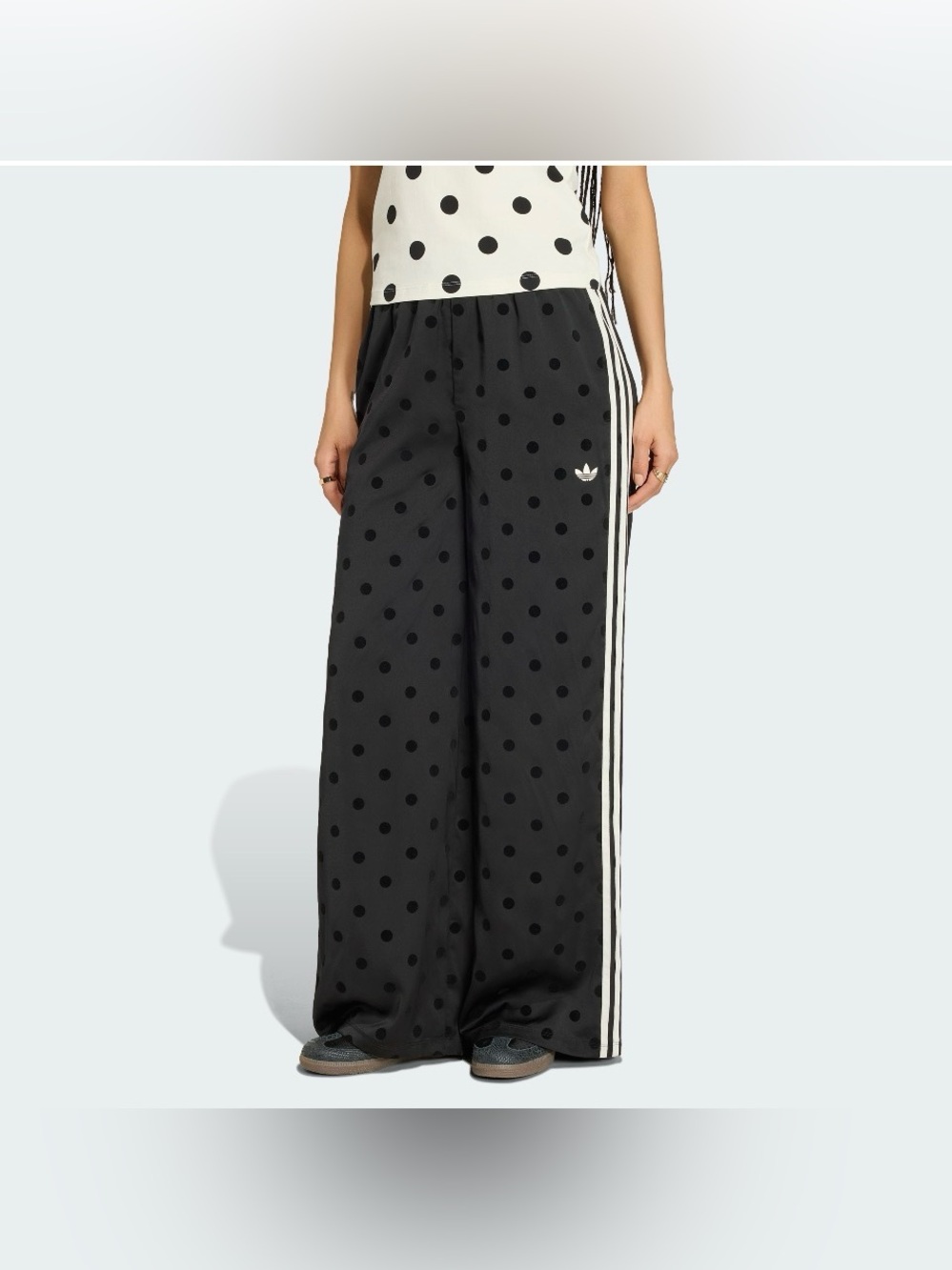 Adidas Women’s Satin Polka Dots Wide-Leg Track Pants Black KV1169 - Picture 2 of 9
